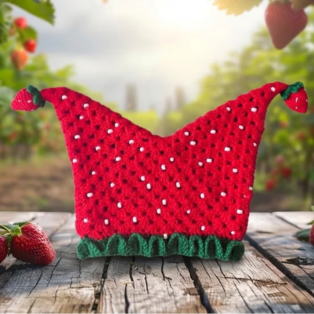 Handmade Strawberry Crochet Beanie - Red & Green